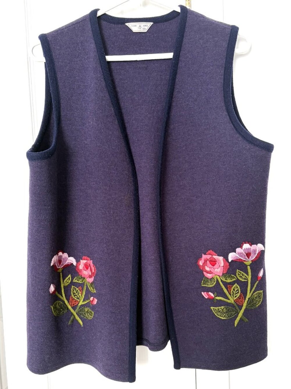 Purple Knit Embroidered Floral Wool Open Vest Made in Japan Size 2X